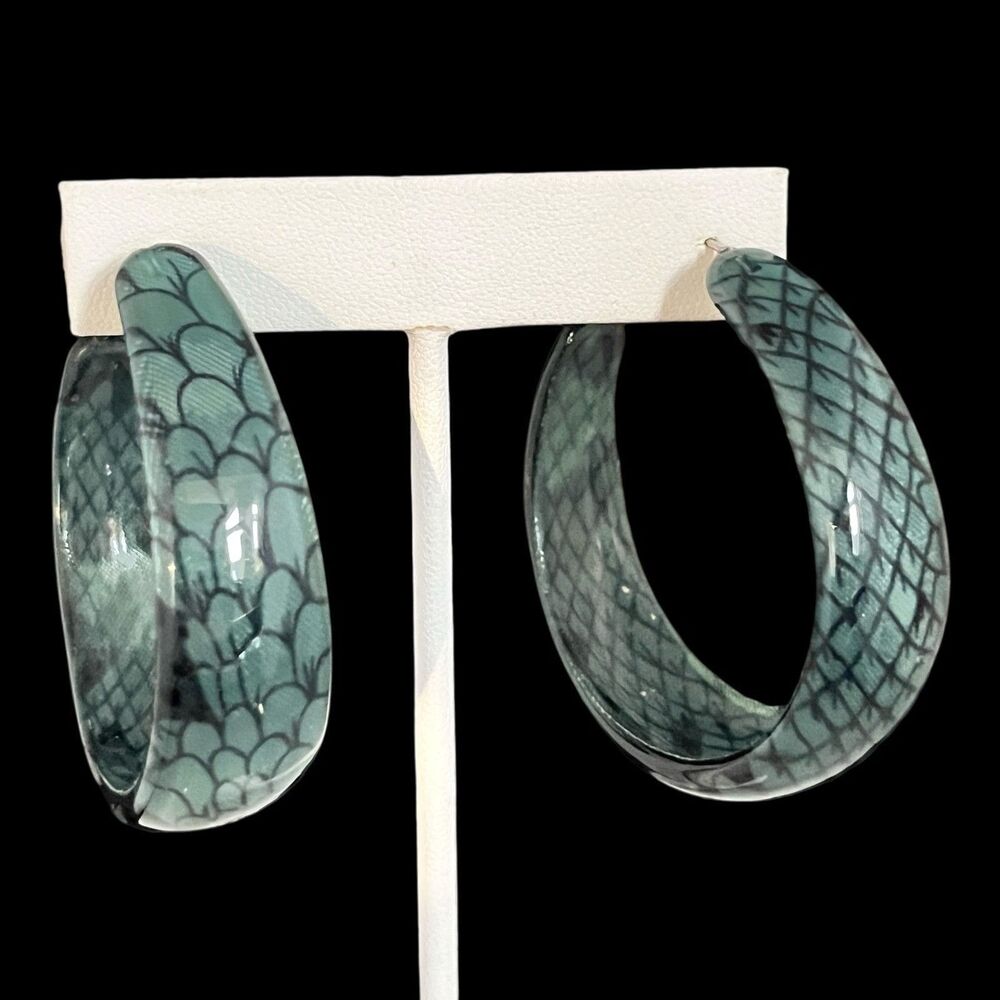Vintage 1980s Earrings Lucite Hoops Green Animal Print Original Stock - 4V